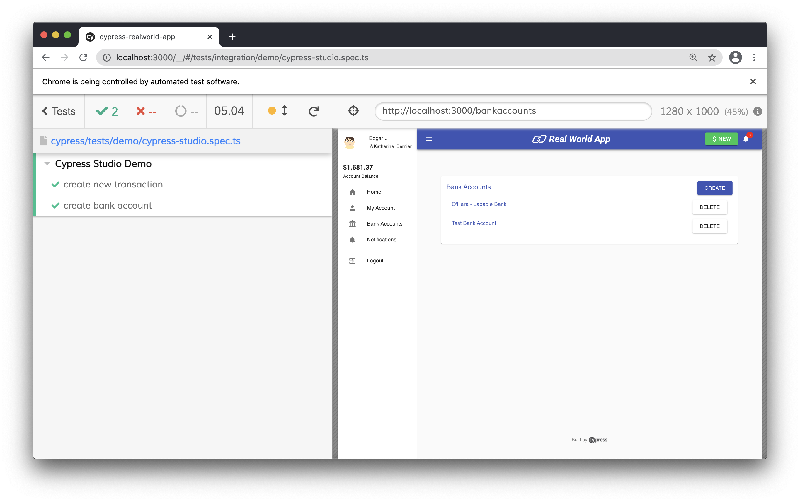 Cypress Studio Add Test Completed Run